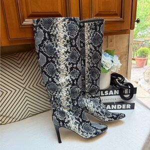 Marc Fisher Black and Gray Heeled Boots with Snakeskin Print